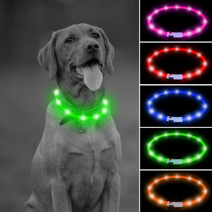USB Rechargeable LED Dog Necklace - Glow in the Dark Silicone Dog Collar Light (Green)