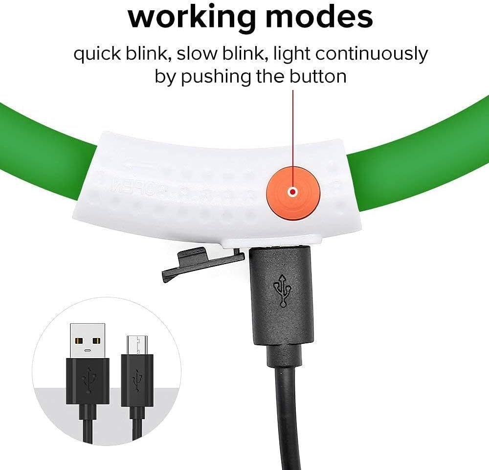 USB Rechargeable LED Dog Necklace - Glow in the Dark Silicone Dog Collar Light (Green)