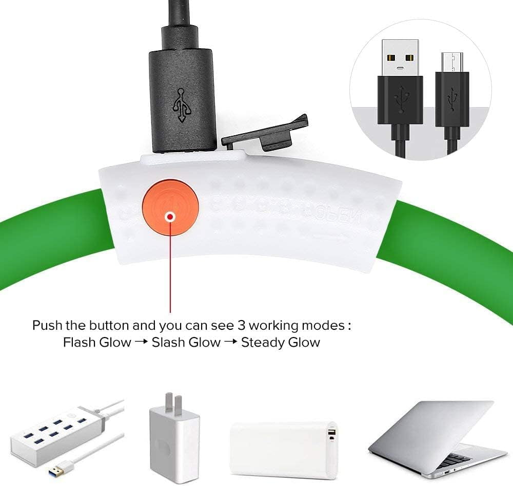 USB Rechargeable LED Dog Necklace - Glow in the Dark Silicone Dog Collar Light (Green)